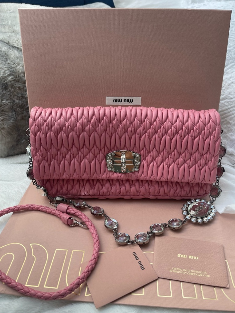 Miu Miu Matelassé Pink Nappa Leather Jeweled Strap